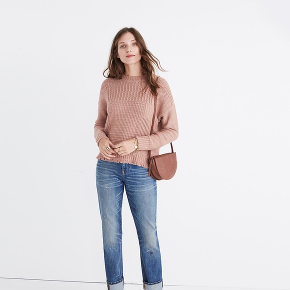 Madewell Stitchmix Pullover Crew Neck Knit Sweater with Fringe XS Pink - Picture 1 of 7